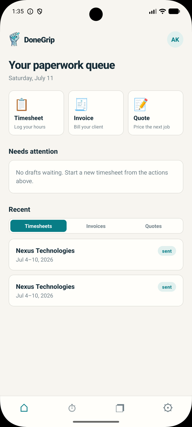 DoneGrip mobile dashboard showing timesheets, invoices, and quotes