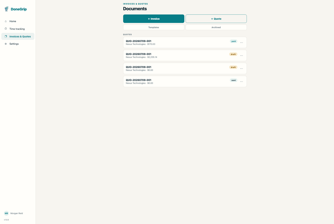 DoneGrip invoices and quotes workspace running in a desktop web browser
